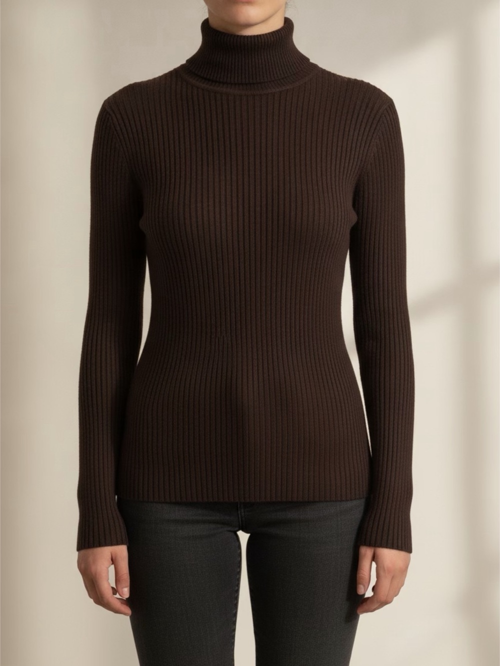 Glen Field Italian wool Classic Ribbed Turtleneck Sweater in Dark Brown Sz S/M